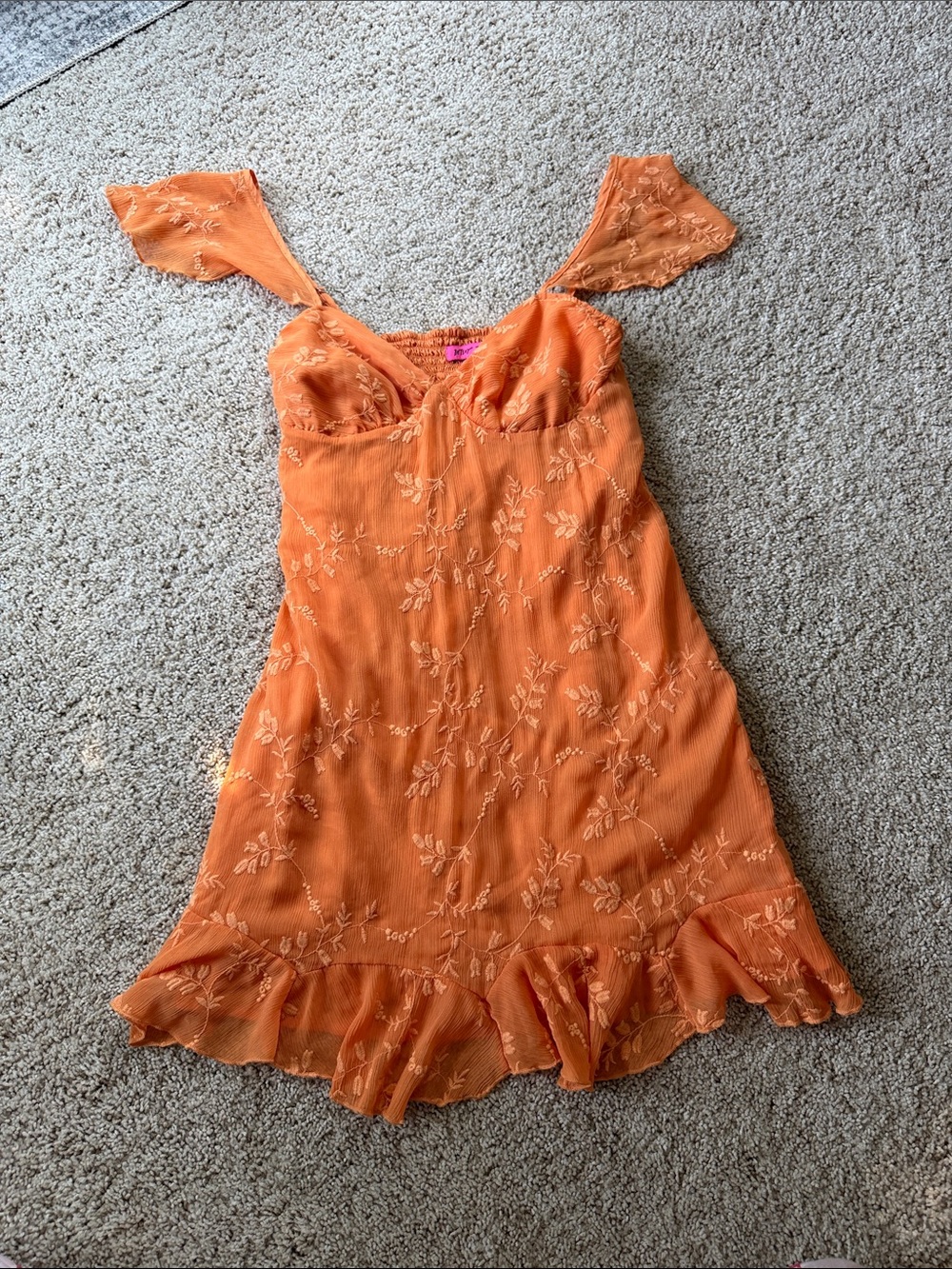 Betsey Johnson Orange Embroidered Ruffle-Hem Mini Dress